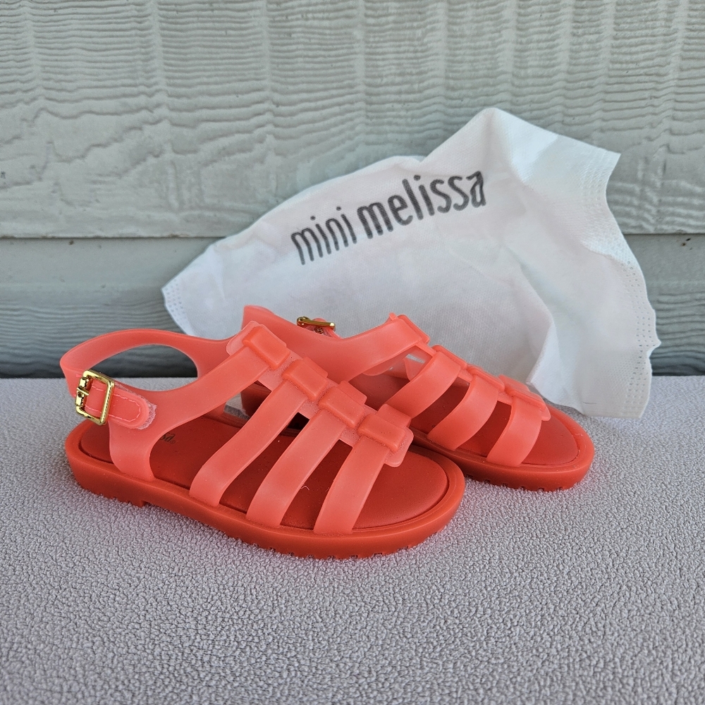 Mini Melissa Flox Sandal Coral Orange Pink SZ 9 Hook & Loop Strappy Jelly